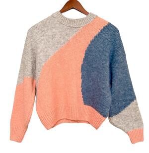 Topshop Abstract Colorblock Sweater Pink Blue Gray Crewneck Knit Pullover Small